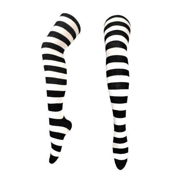 Opaque Black and White Striped Over Knee Socks Thigh High Soft Sock Stocking - Picture 1 of 1